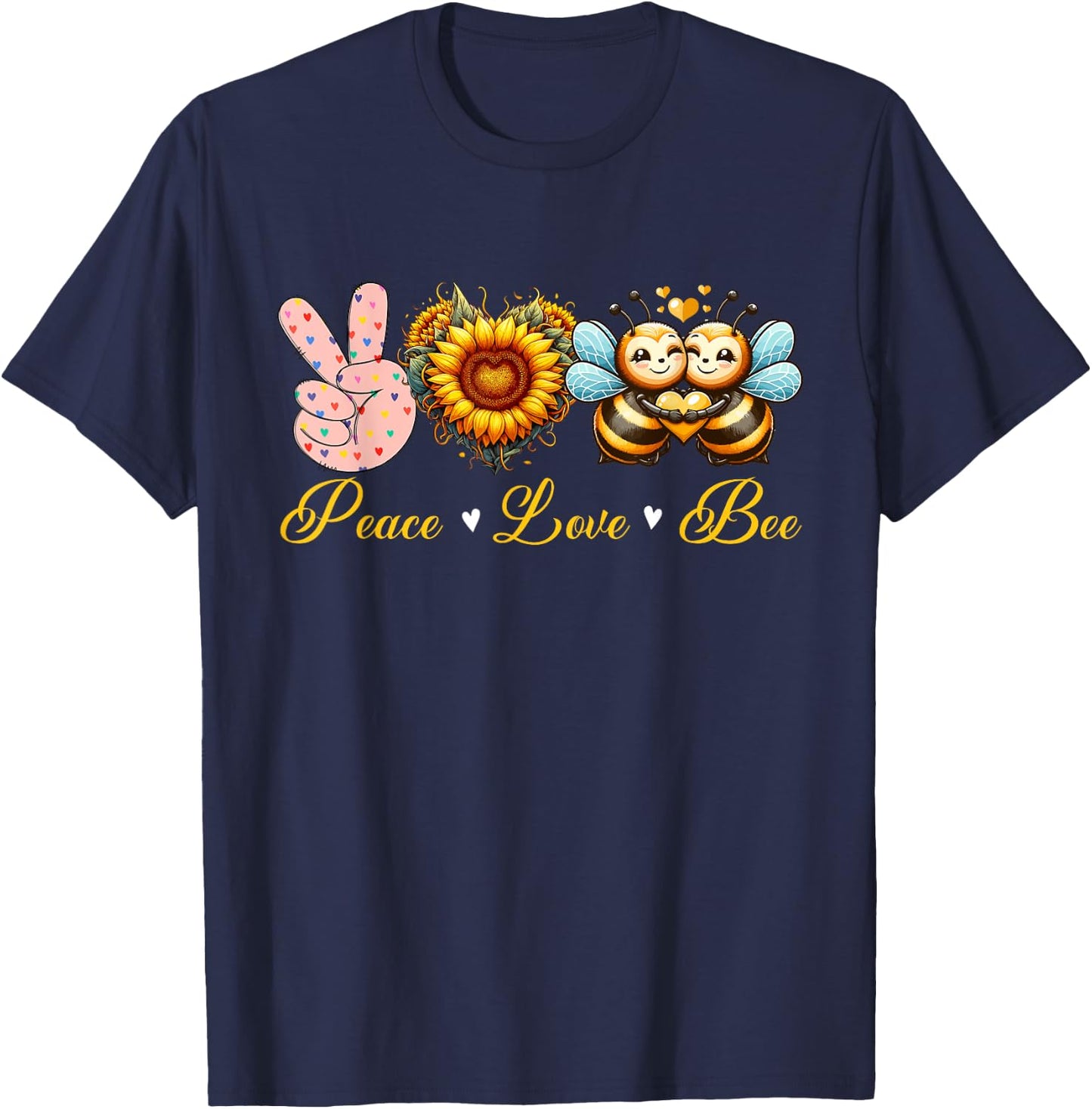 Peace Love Bee Insects Sunflowers Peace Hand Sign Heart T-Shirt - T-Shirt | Navy