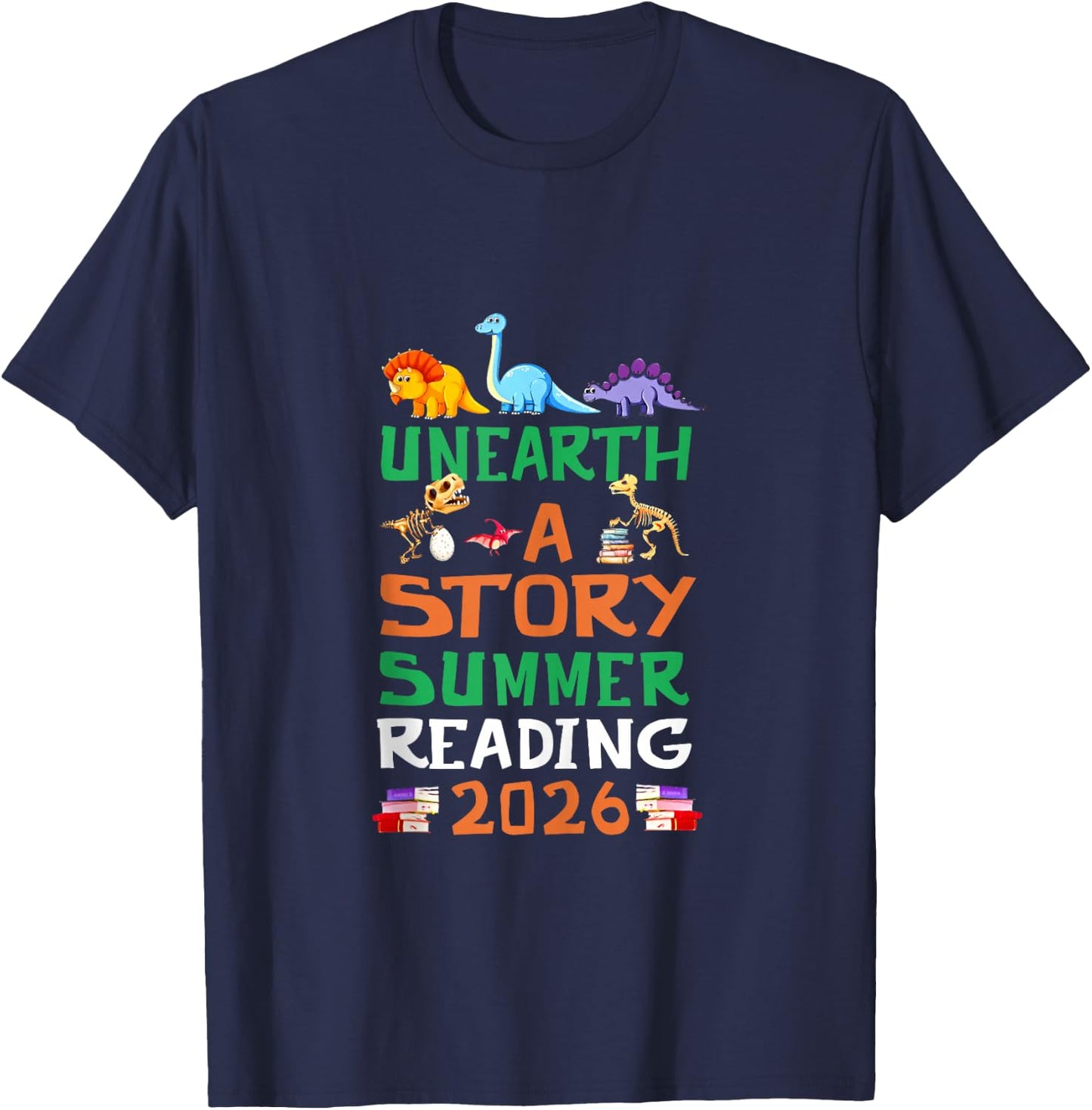 Unearth A Story Summer Reading Program 2026 Dinosaur Book T-Shirt - T-Shirt | Navy