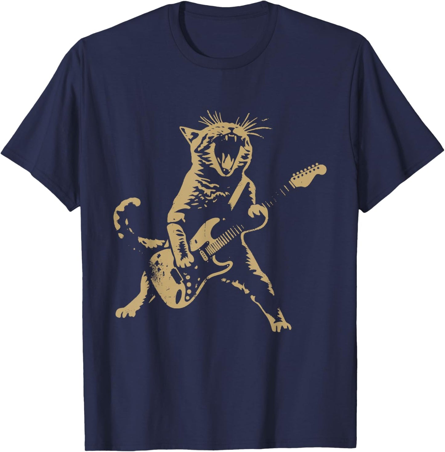 Cat Playing Guitar Rock Star Rock and Roll Men Women Kids T-Shirt - T-Shirt | Navy
