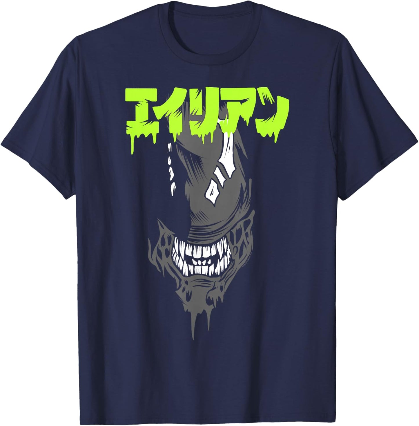 Aliens Iconic Xenomorph Big Angry Face Kanji Style Big Logo T-Shirt - T-Shirt | Navy