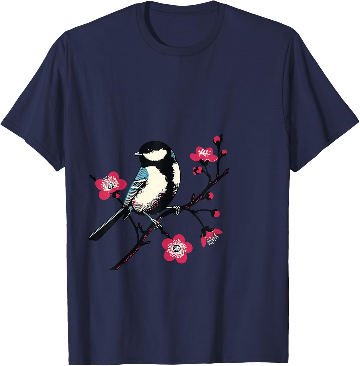 Bird on Branch with Flowers Nature Art for Bird Lovers , Blue, S T-Shirt - T-Shirt | Navy