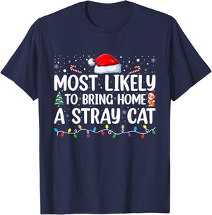 Most Likely To Bring Home A Stray Cat Matching Christmas Men Women Kids T-Shirt - T-Shirt | Navy