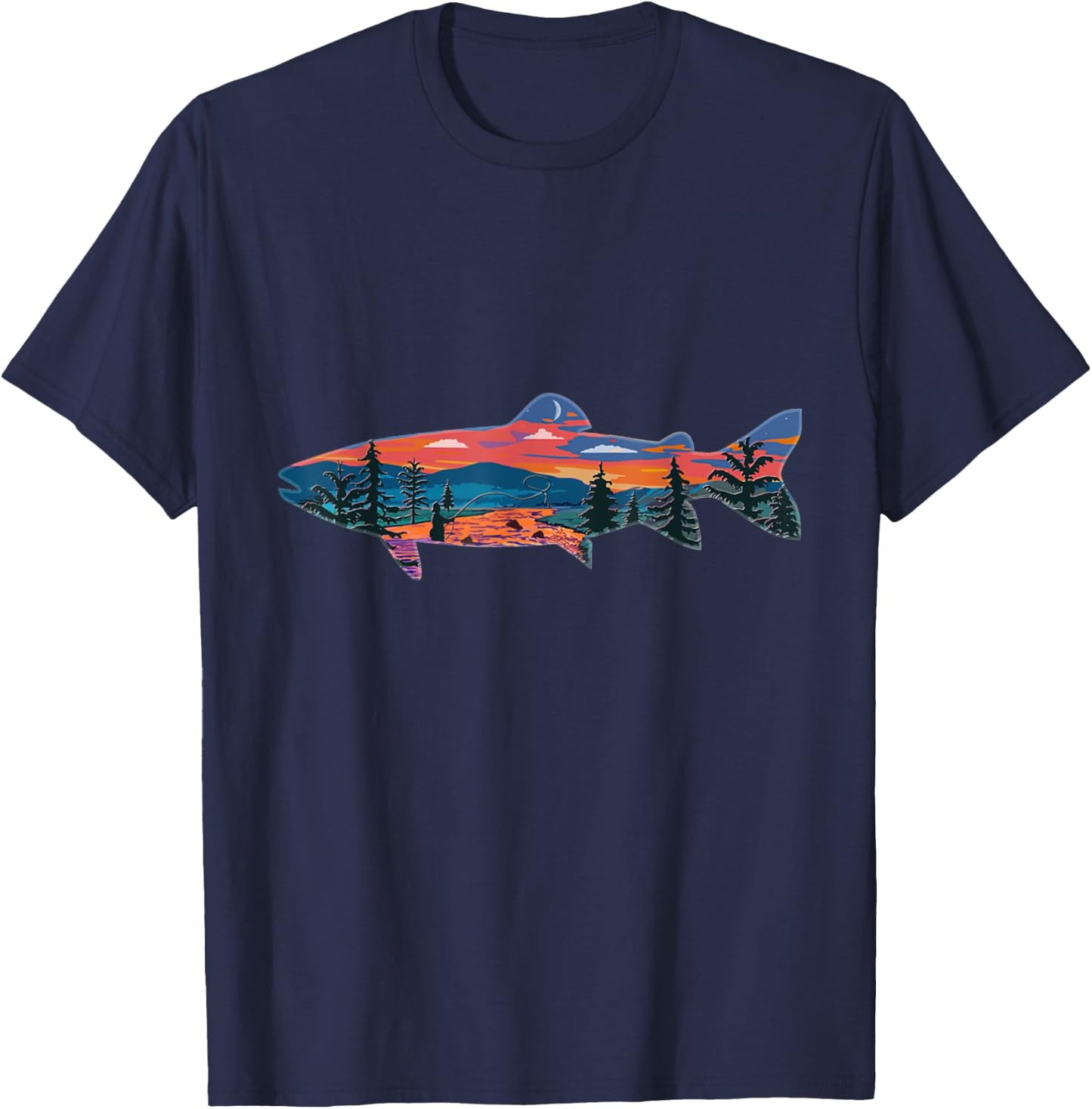 Trout Silhouette Fly Fishing Mountain Sunset River Stream T-Shirt - T-Shirt | Navy