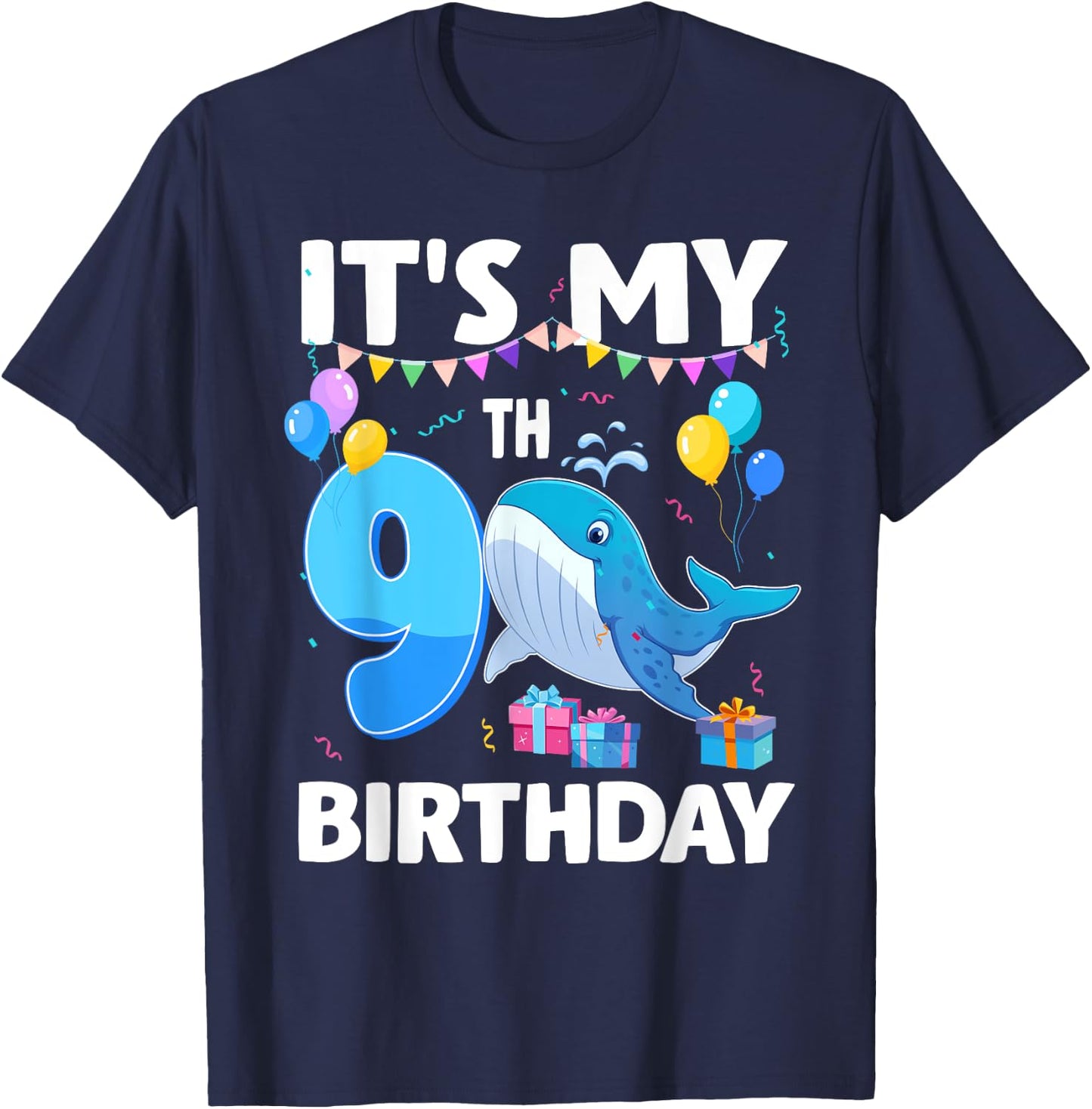 It's My 9th Birthday Whale Theme 9 Year Old Bday Party T-Shirt - T-Shirt | Navy