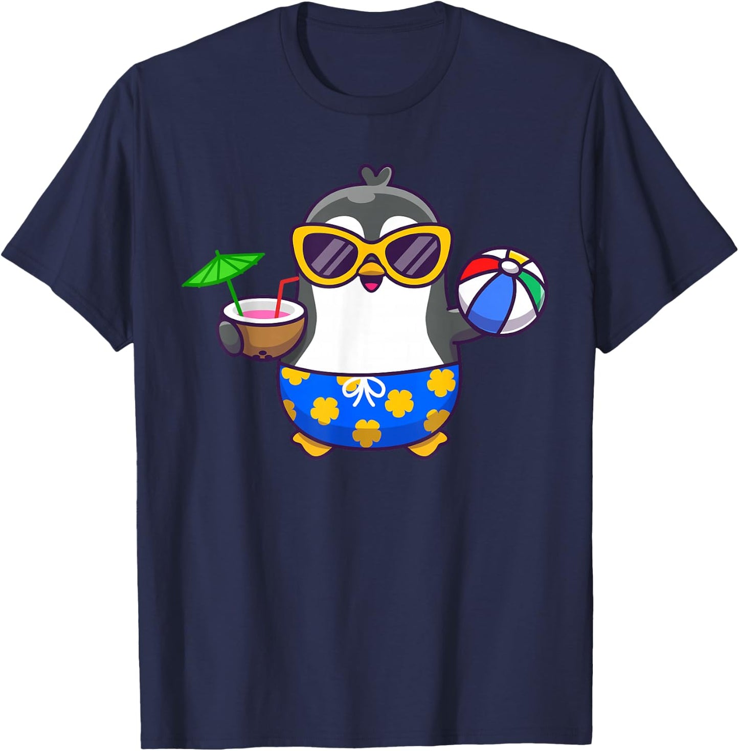 Funny Penguin Hawaiian Funny Aloha Penguin Drinking Coconut T-Shirt - T-Shirt | Navy