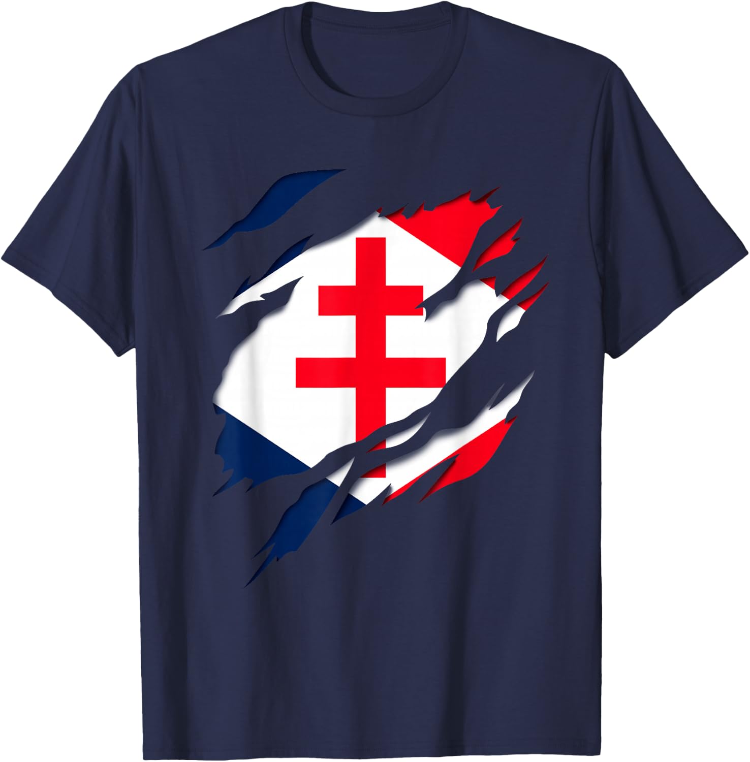 Gaullism Flag Cross of Lorraine Torn 3D Effect France , Black, S T-Shirt - T-Shirt | Navy