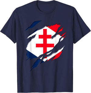 Gaullism Flag Cross of Lorraine Torn 3D Effect France , Black, S T-Shirt - T-Shirt | Navy