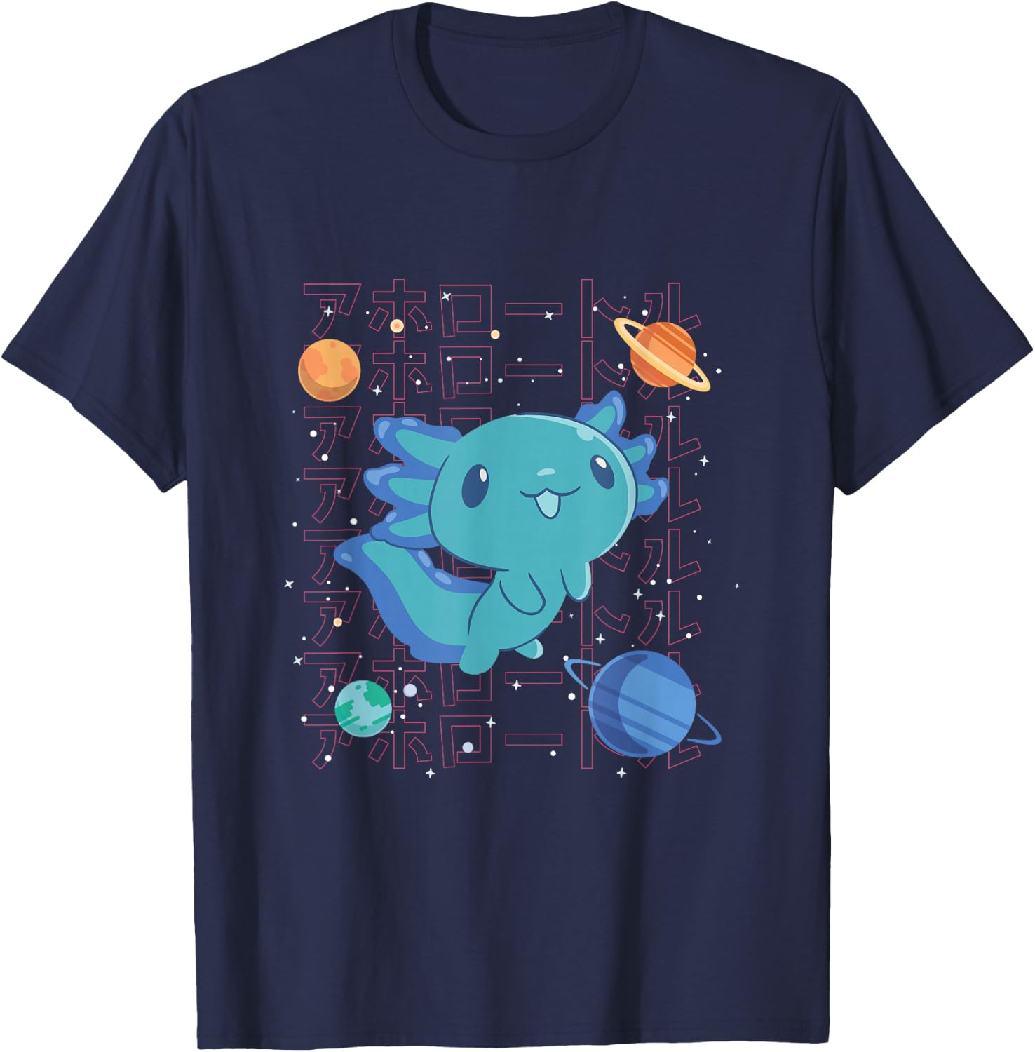 Kawaii Axolotl in Space with Planets Cute Japanese Science T-Shirt - T-Shirt | Navy