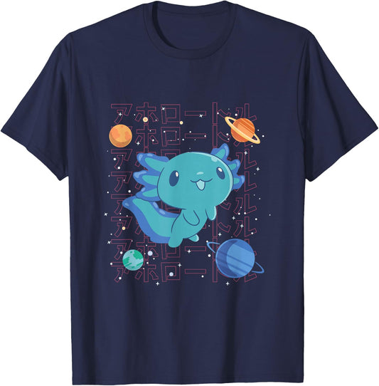 Kawaii Axolotl in Space with Planets Cute Japanese Science T-Shirt - T-Shirt | Navy