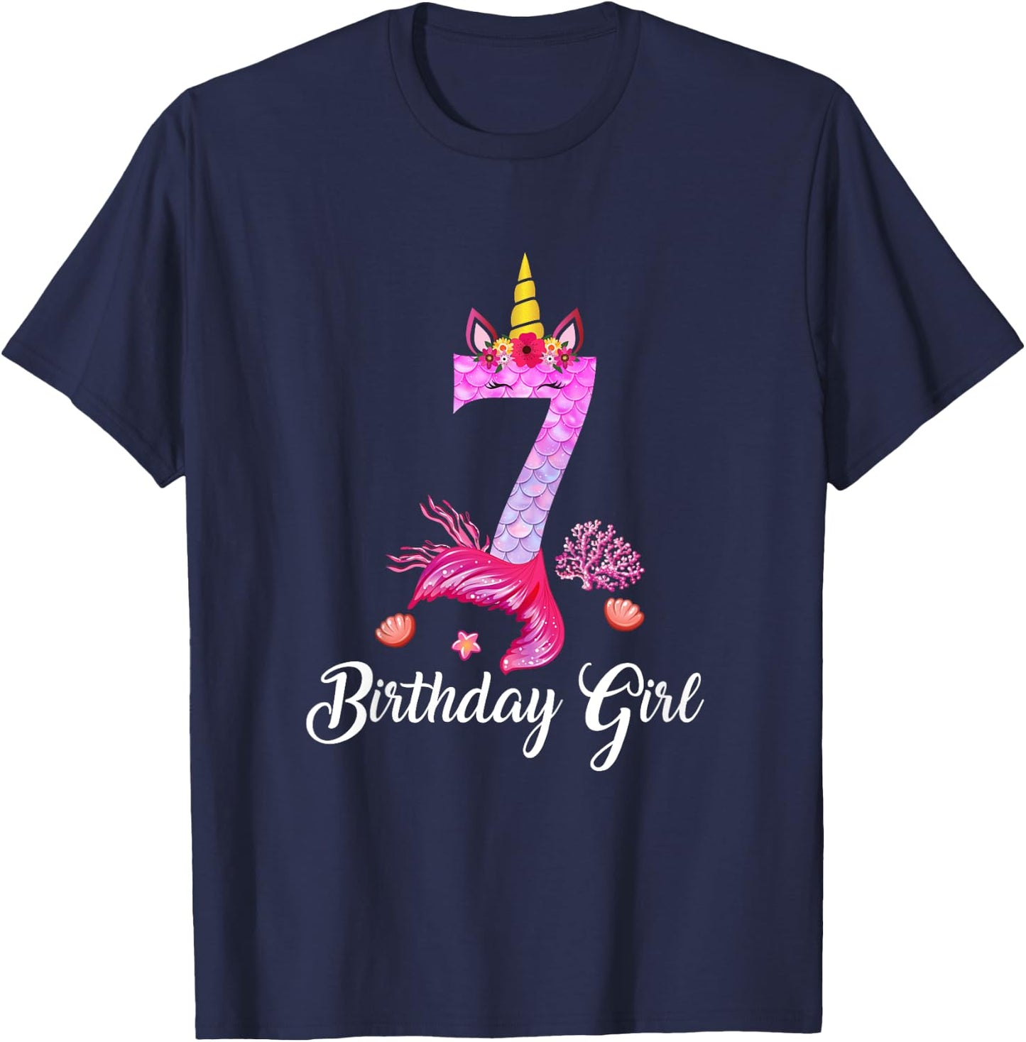 7th Mermaid Tail Shirt Unicorn Number 7 Years Old Birthday T-Shirt - T-Shirt | Navy