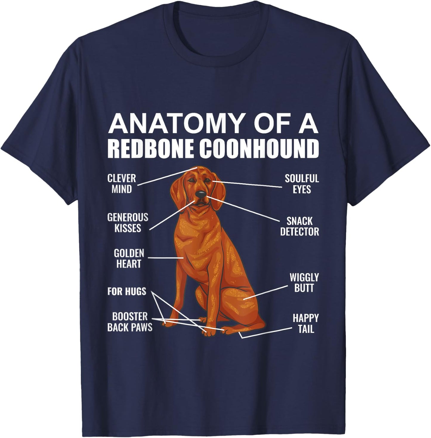 Redbone Coonhound, Anatomy Of A Redbone Coonhound , Black T-Shirt - T-Shirt | Navy