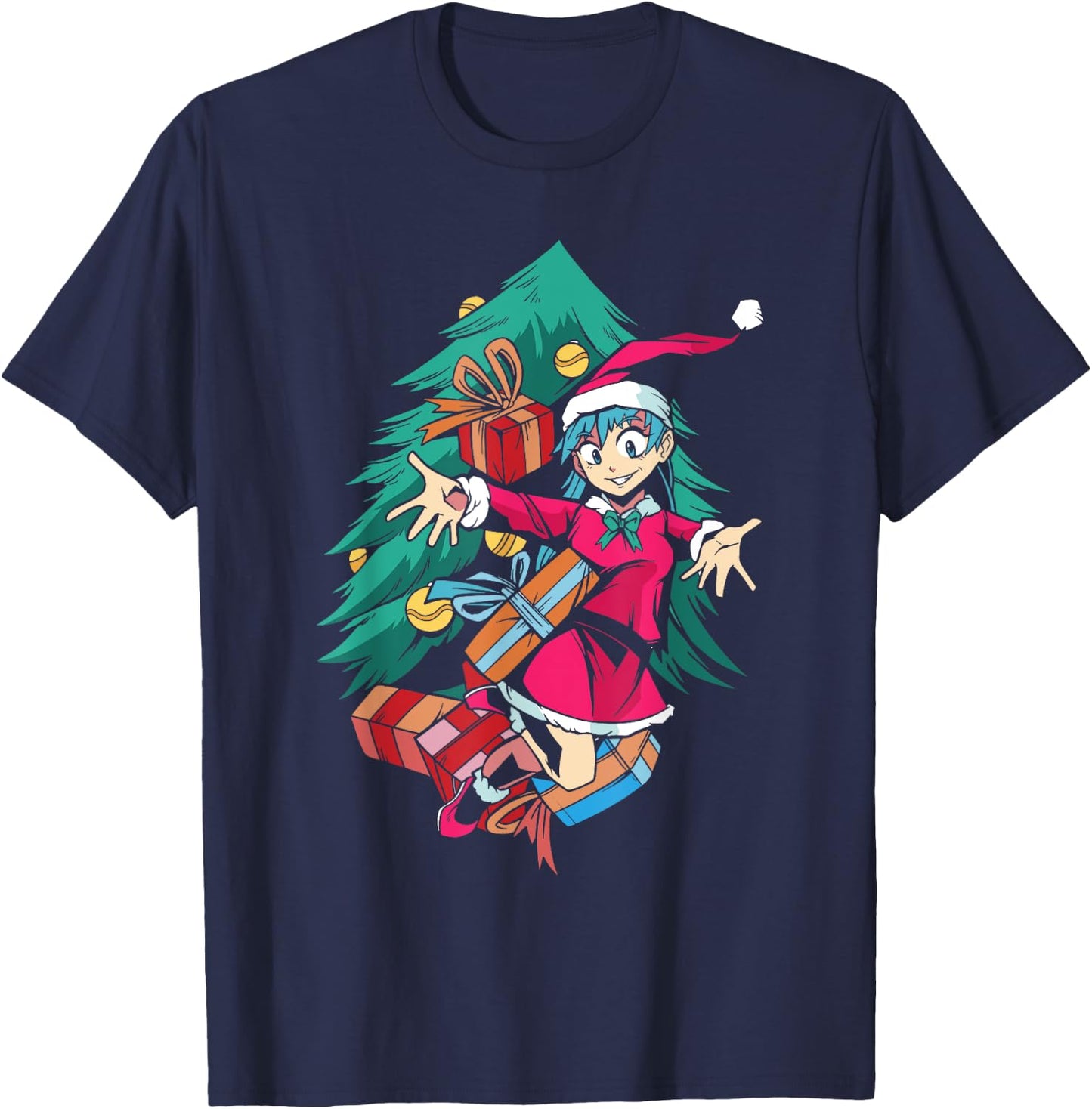 Anime Girl Santa Hat Christmas Pajama Cute Kawaii Xmas Otaku T-Shirt - T-Shirt | Navy