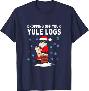 Santa Dropping off Yule Logs Funny Christmas Gift T-Shirt - T-Shirt | Navy