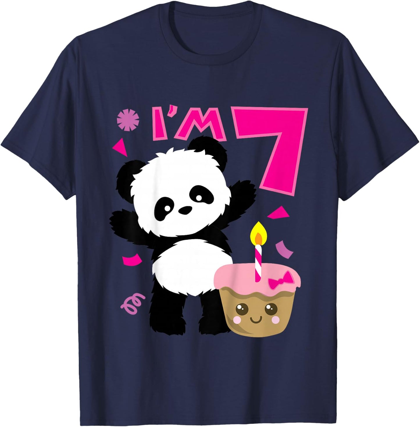Kids Panda with Kawaii Cake 7 Years Old Girls Birthday Party T-Shirt - T-Shirt | Navy
