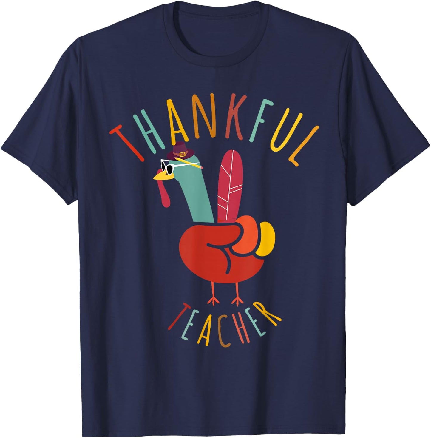 Peace Hand Sign Turkey Funny Thankful Teacher Thanksgiving T-Shirt - T-Shirt | Navy