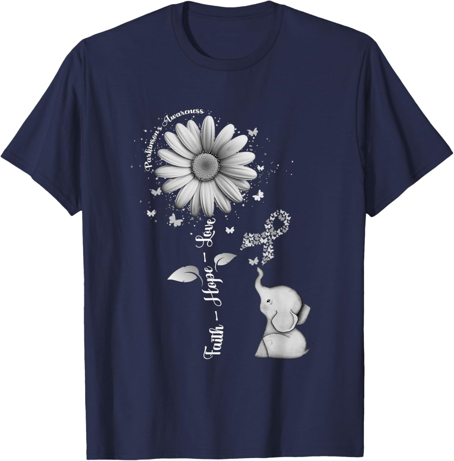 Faith Hope Love Sunflower Elephant Parkinson's Awareness T-Shirt - T-Shirt | Navy