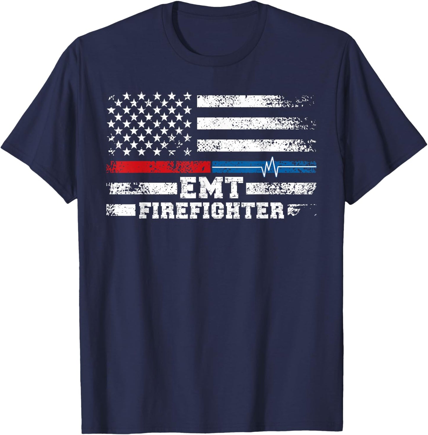 EMT Firefighter American Flag Proud Firefighter EMT T-Shirt - T-Shirt | Navy