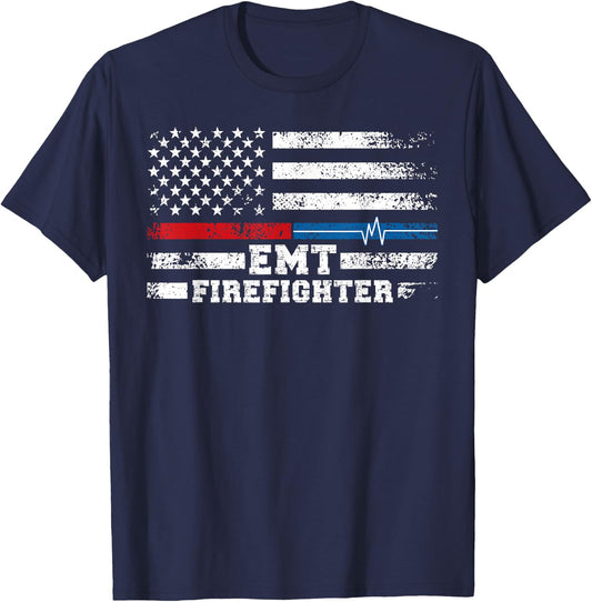 EMT Firefighter American Flag Proud Firefighter EMT T-Shirt - T-Shirt | Navy