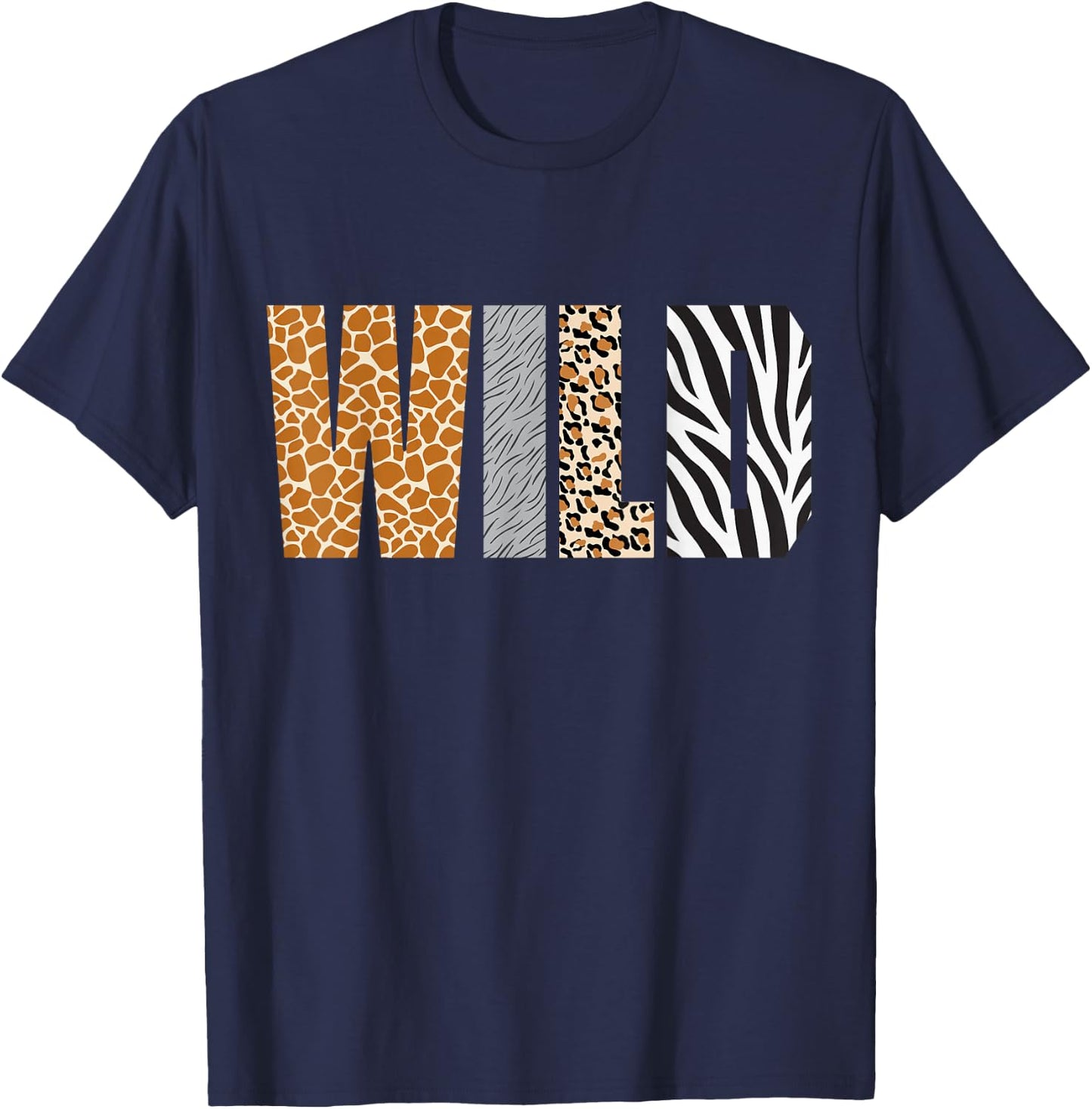 Wild Animal Pattern Giraffe Wolf Leopard Zebra Animal Print T-Shirt - T-Shirt | Navy