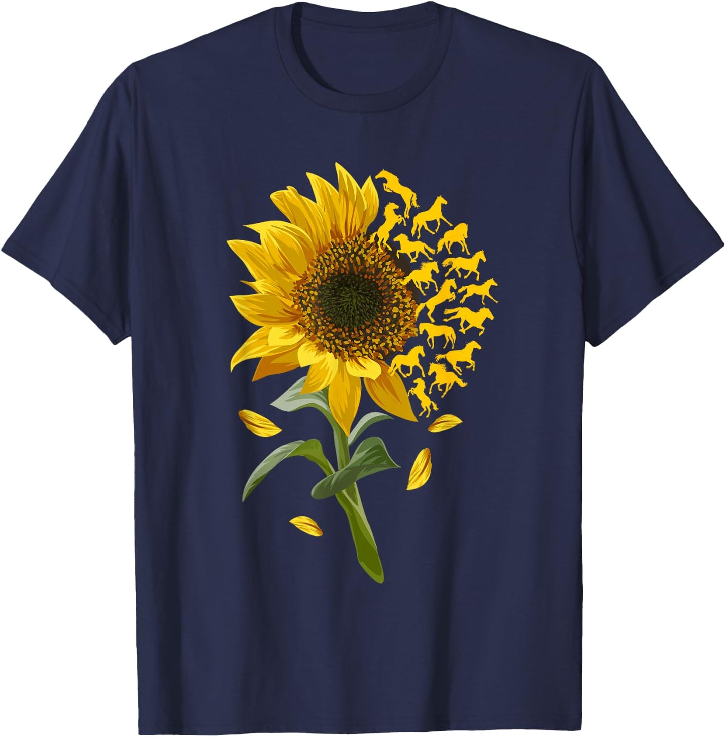 Beautiful Sunflower Horse Racing Flower Graphic T-Shirt - T-Shirt | Navy