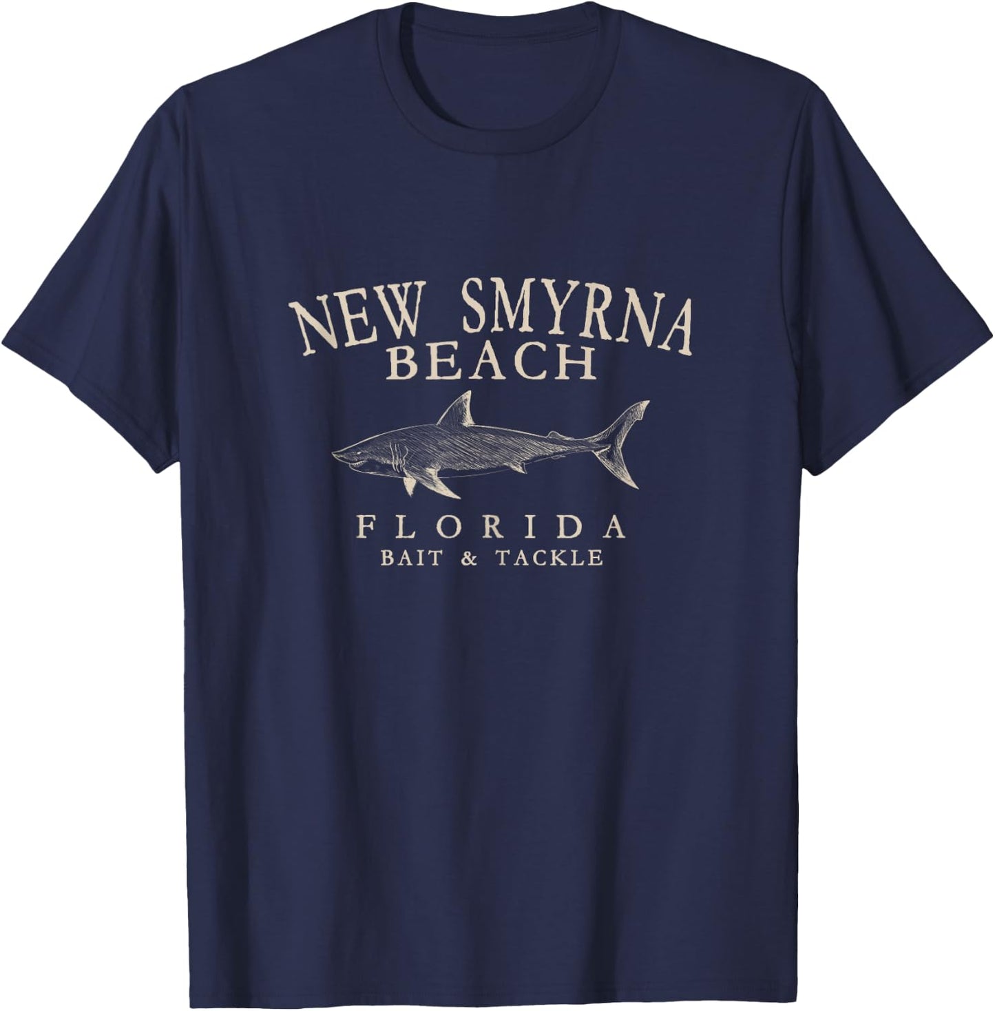 New Smyrna Beach Florida Shark Vintage Ivory Art Fishing T-Shirt - T-Shirt | Navy