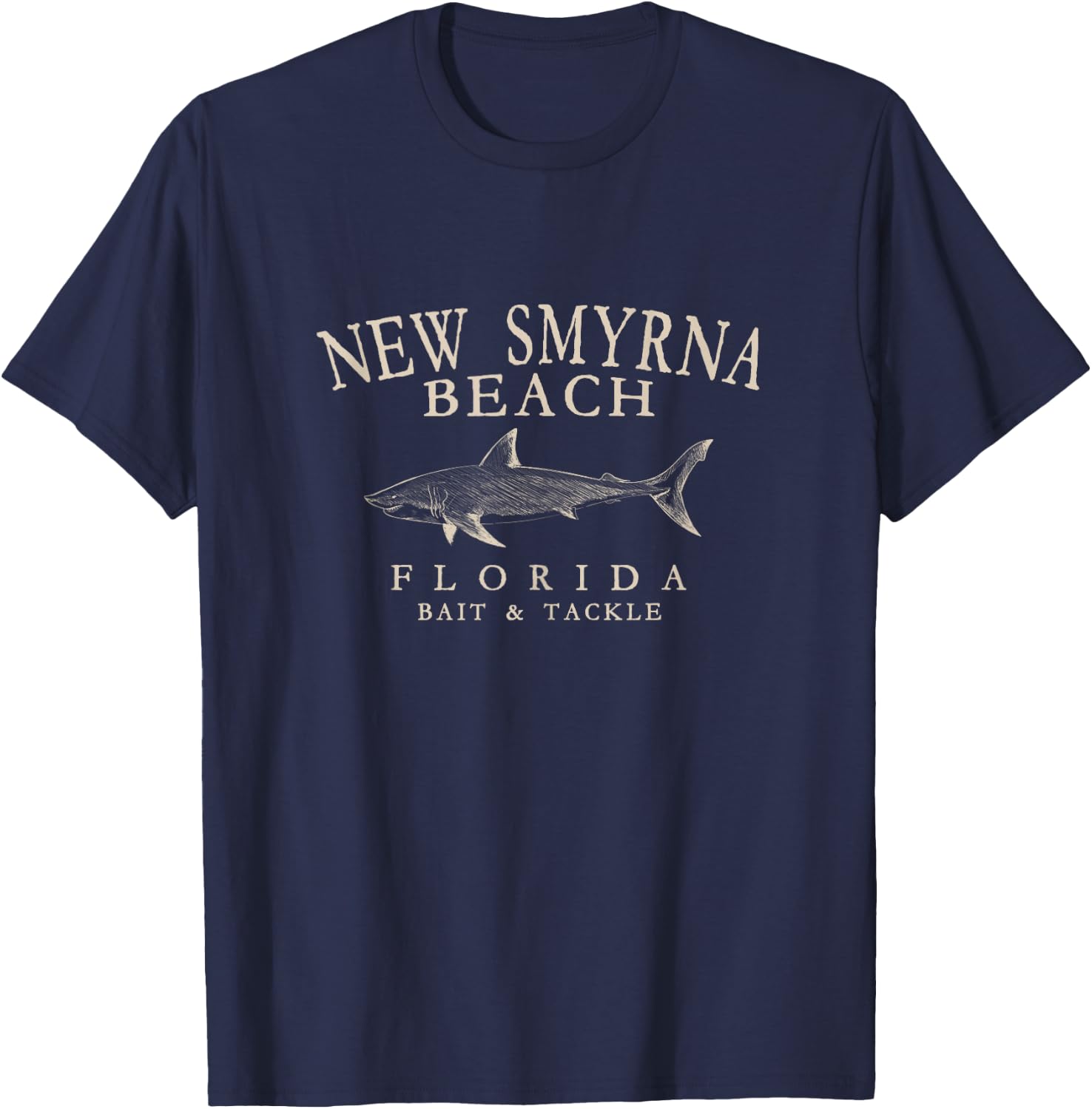 New Smyrna Beach Florida Shark Vintage Ivory Art Fishing T-Shirt - T-Shirt | Navy