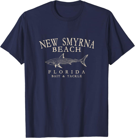 New Smyrna Beach Florida Shark Vintage Ivory Art Fishing T-Shirt - T-Shirt | Navy
