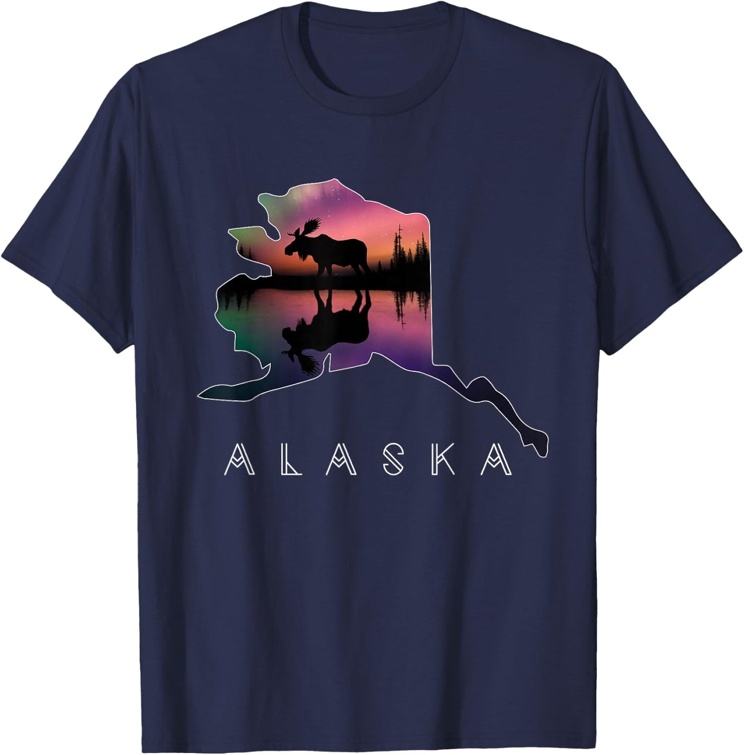 Alaskan Moose Aurora Borealis Alaska State & Landscape T-Shirt - T-Shirt | Navy