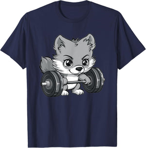 Cute Gray Wolf Weightlifting T-Shirt - T-Shirt | Navy