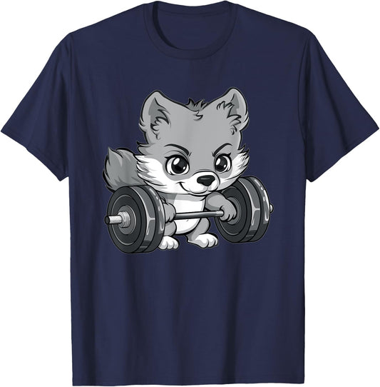 Cute Gray Wolf Weightlifting T-Shirt - T-Shirt | Navy