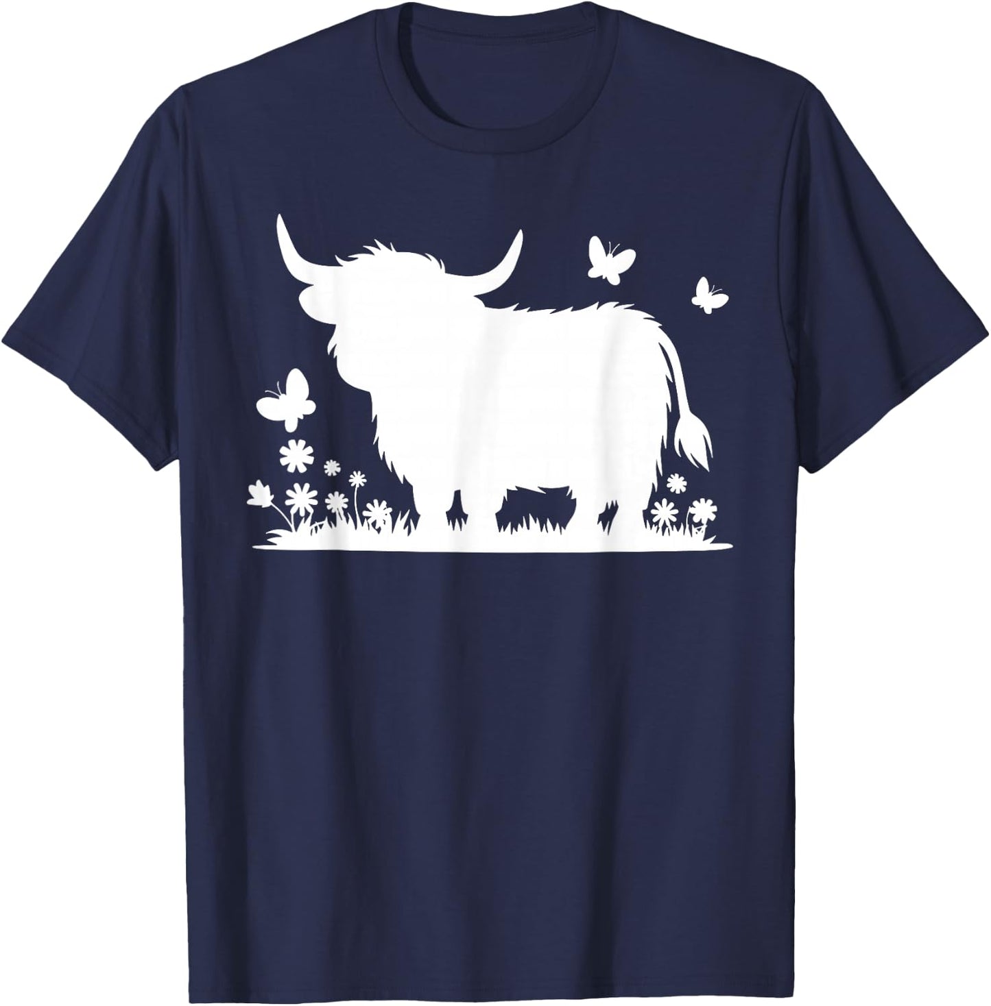 Scottish Highland Cow Cattle Hairy Cow Flowers Woman T-Shirt - T-Shirt | Navy