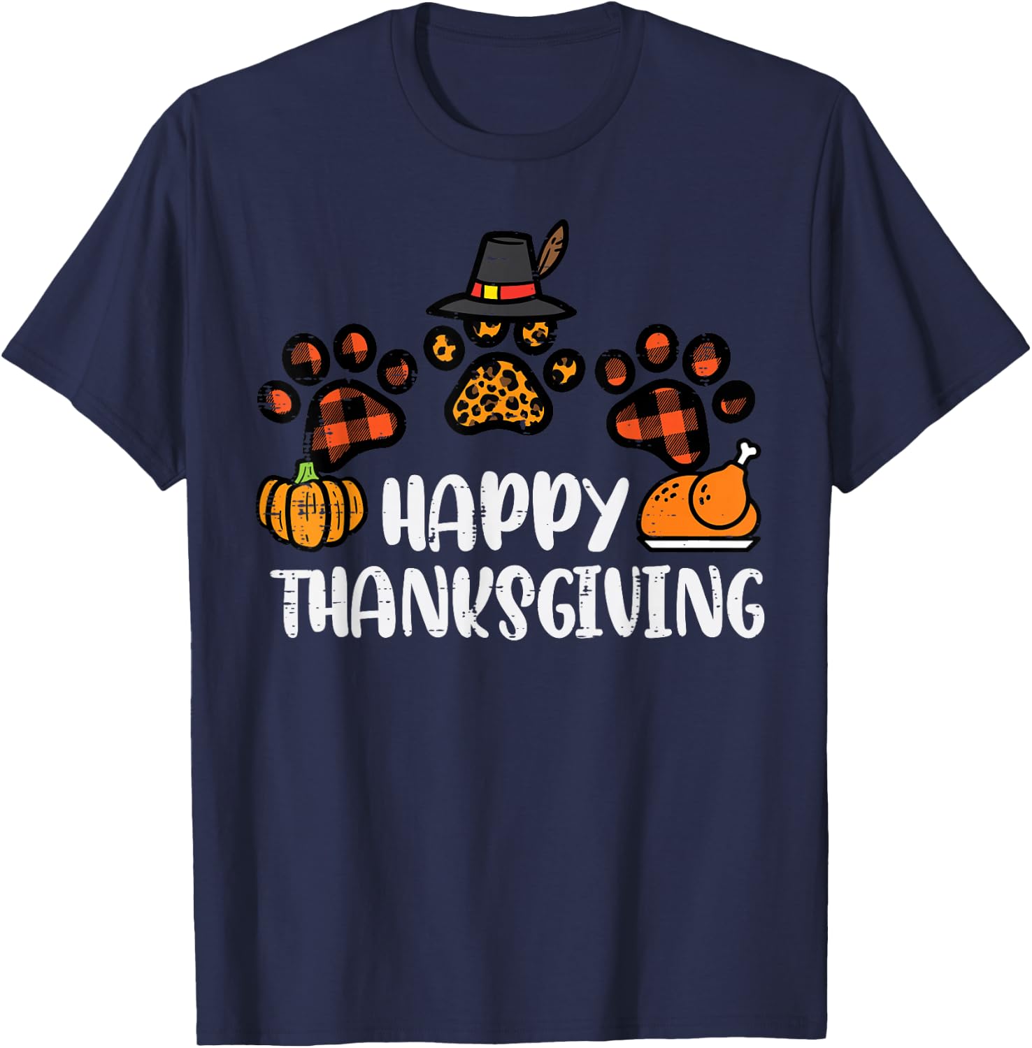 Happy Thanksgiving Dog Cat Paws Turkey Day Women Kids Men T-Shirt - T-Shirt | Navy