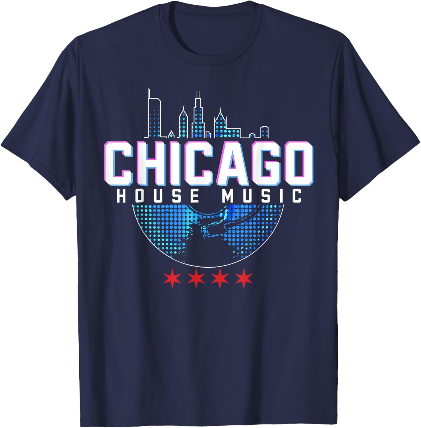 Chicago House Music Vinyl Dj Raver Flag Skyline Apparel T-Shirt - T-Shirt | Navy