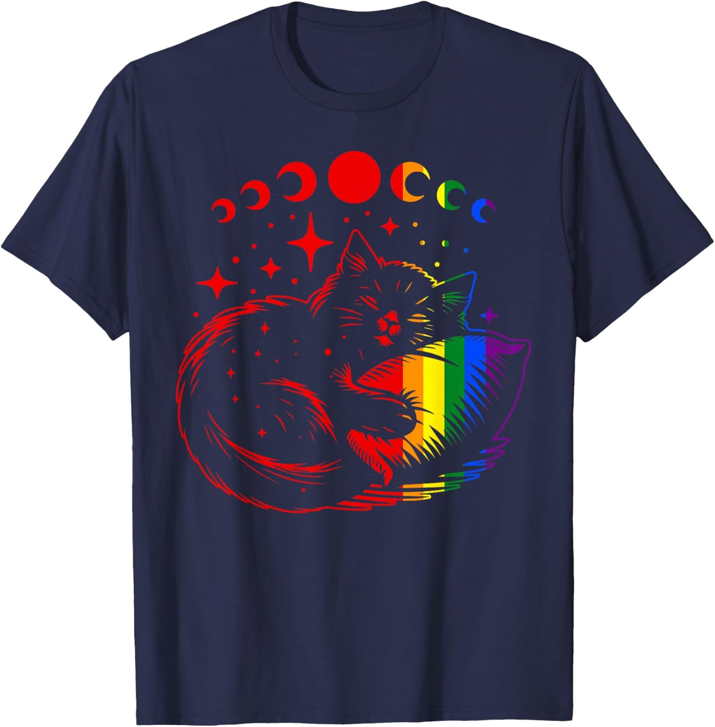 Rainbow Cat Sleeping with Moon Phases and Stars Gay Pride T-Shirt - T-Shirt | Navy