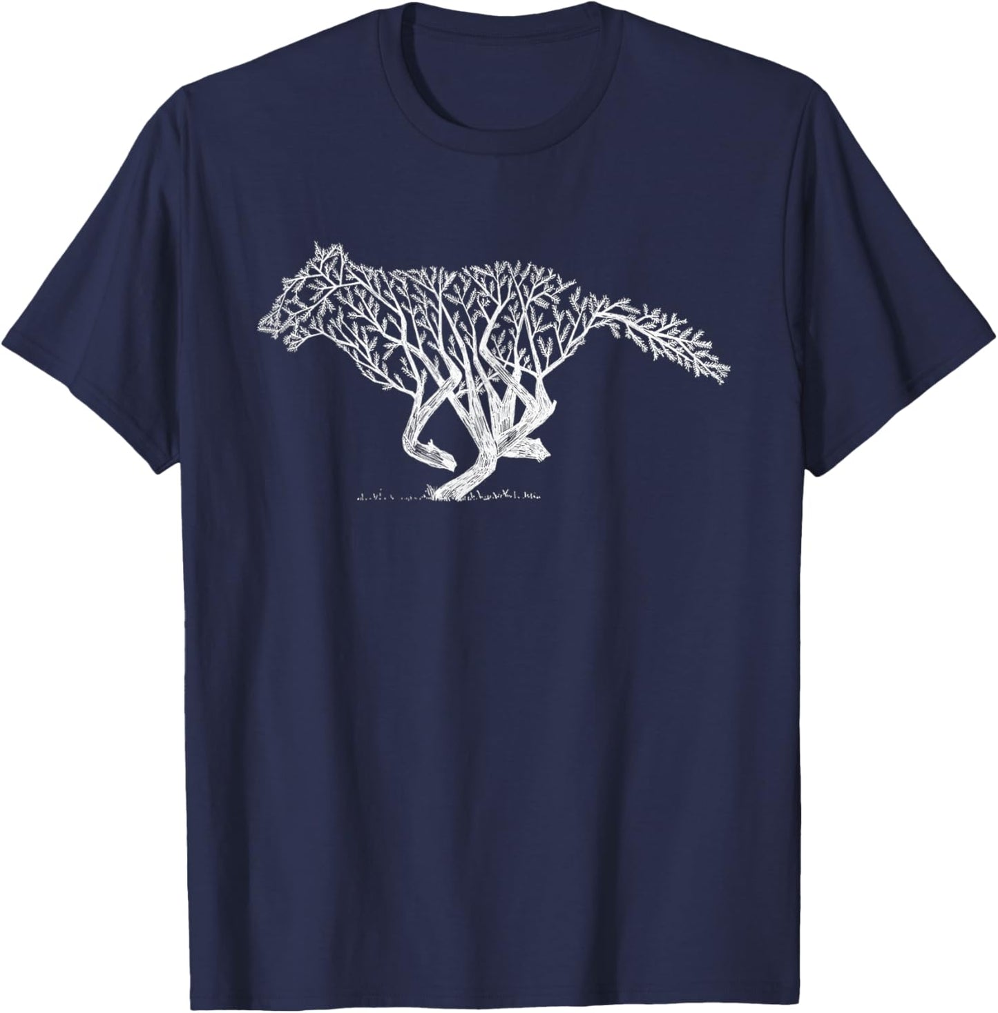 Retro Nature-Inspired Wildlife Tree Branch Running Wild Wolf T-Shirt - T-Shirt | Navy