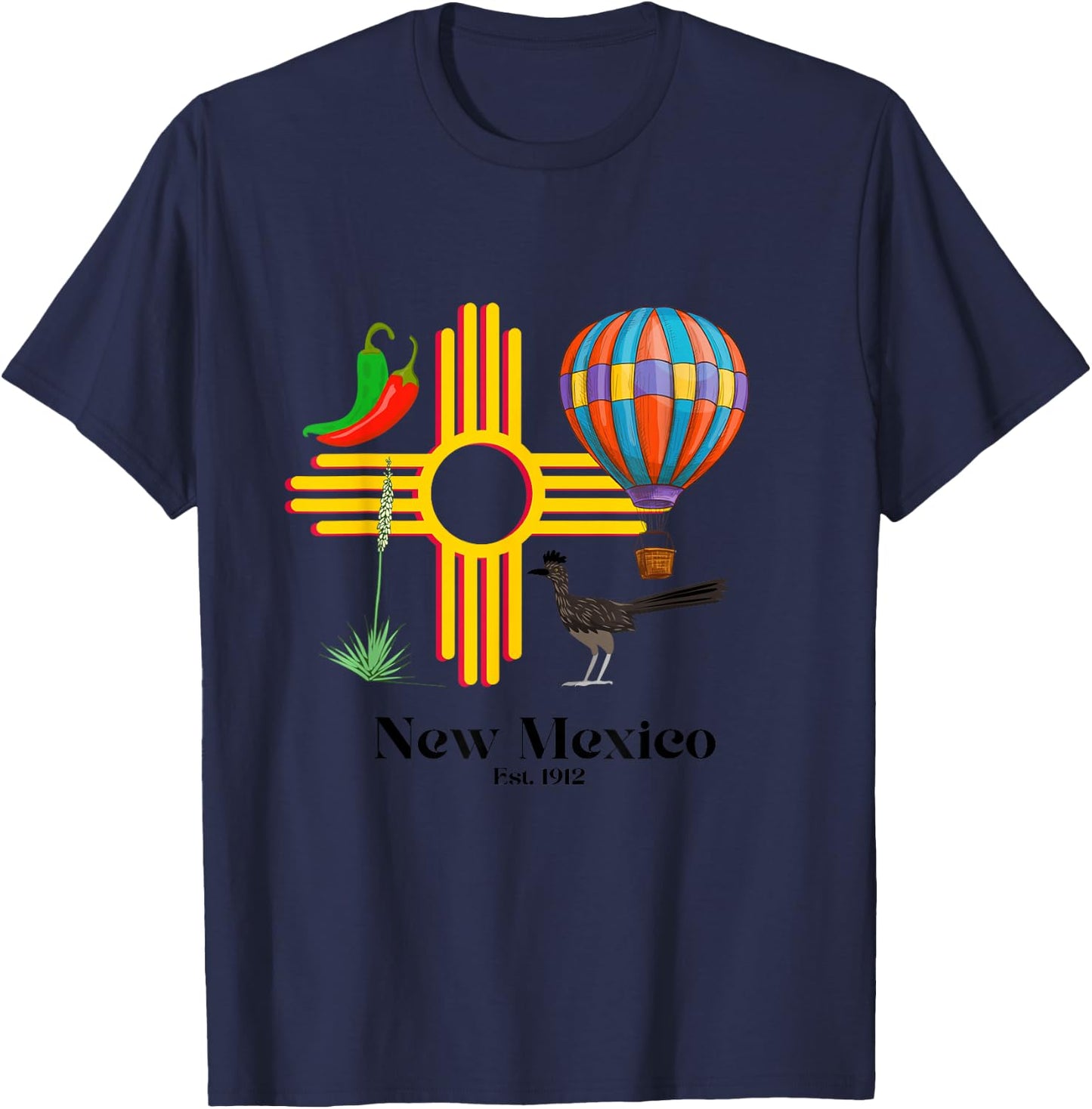 New Mexico Zia: Chiles, Balloon, Roadrunner, Yucca Est. 1912 T-Shirt - T-Shirt | Navy