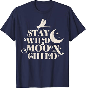 Stay Wild Moon Child Hippie Dragonfly Retro 70s Bug Insect T-Shirt - T-Shirt | Navy