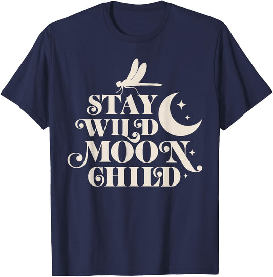 Stay Wild Moon Child Hippie Dragonfly Retro 70s Bug Insect T-Shirt - T-Shirt | Navy