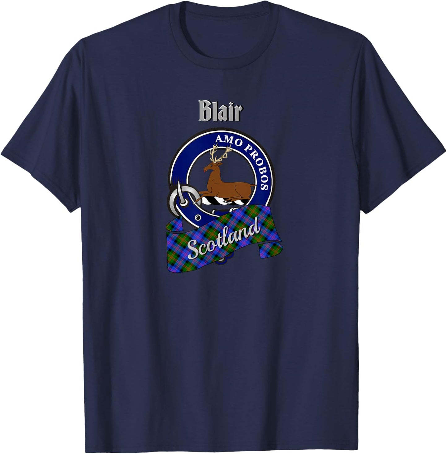 Blair Scottish Clan Badge & Tartan T-Shirt - T-Shirt | Navy