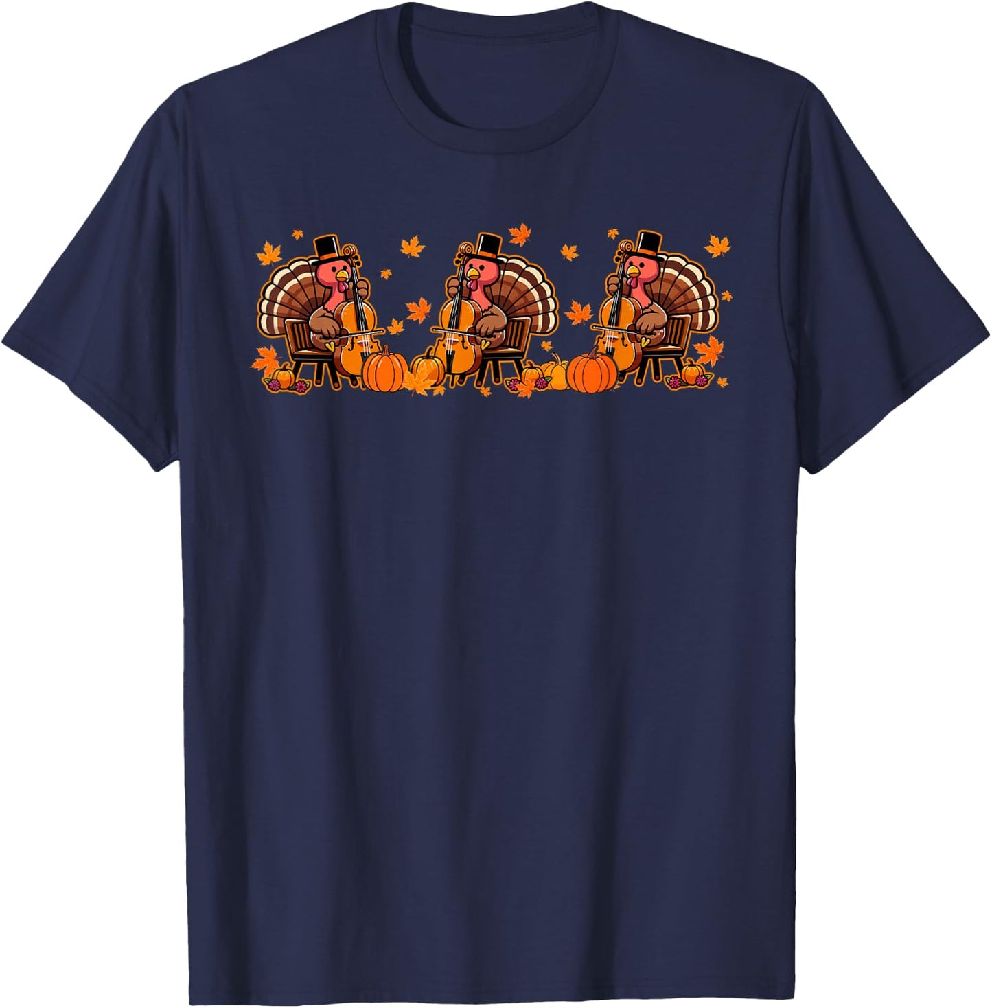 Three Thanksgiving Turkeys Playing Cello Instrumentalist T-Shirt - T-Shirt | Navy