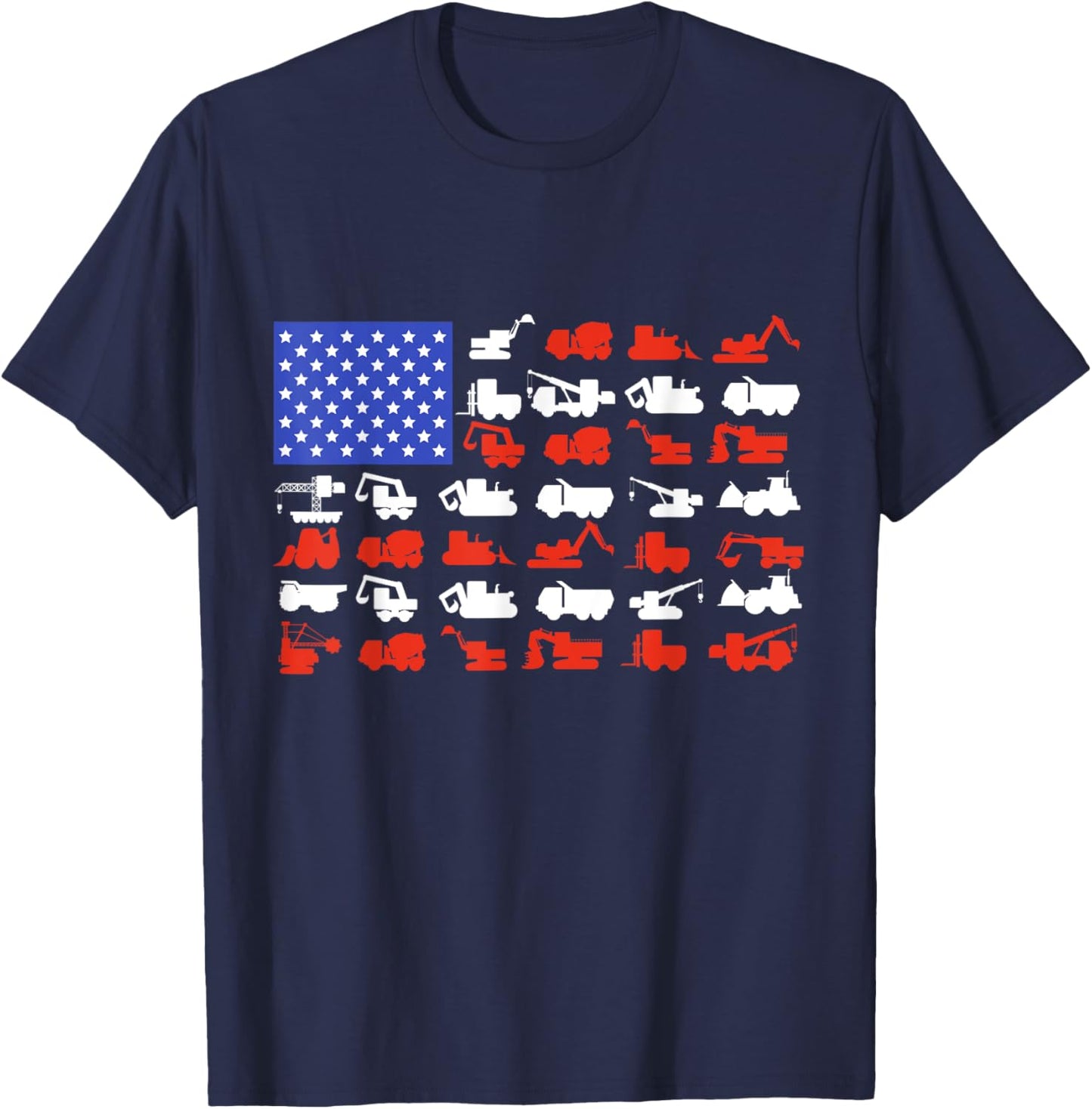 Construction Vehicles USA American Flag Excavator Trucks T-Shirt - T-Shirt | Navy