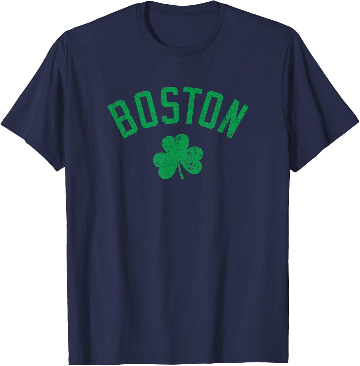 Boston Text Irish Shamrock Distressed Green Print T-Shirt - T-Shirt | Navy