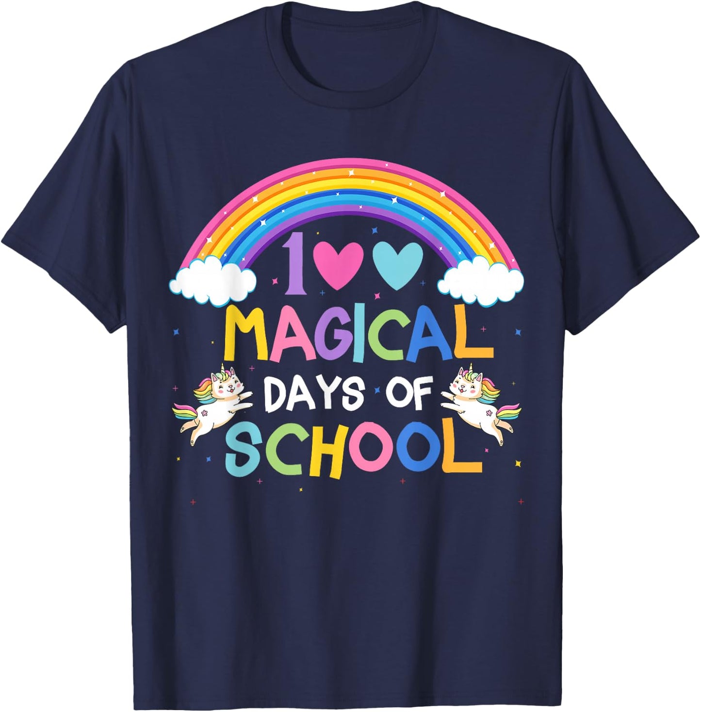 100 Magical Days of School Rainbow Unicorn Cat 100th Day T-Shirt - T-Shirt | Navy