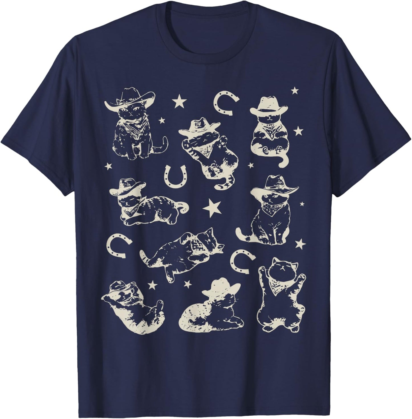 Retro 90s Cowboy Cats Horseshoe Kittens Western Cowgirl T-Shirt - T-Shirt | Navy
