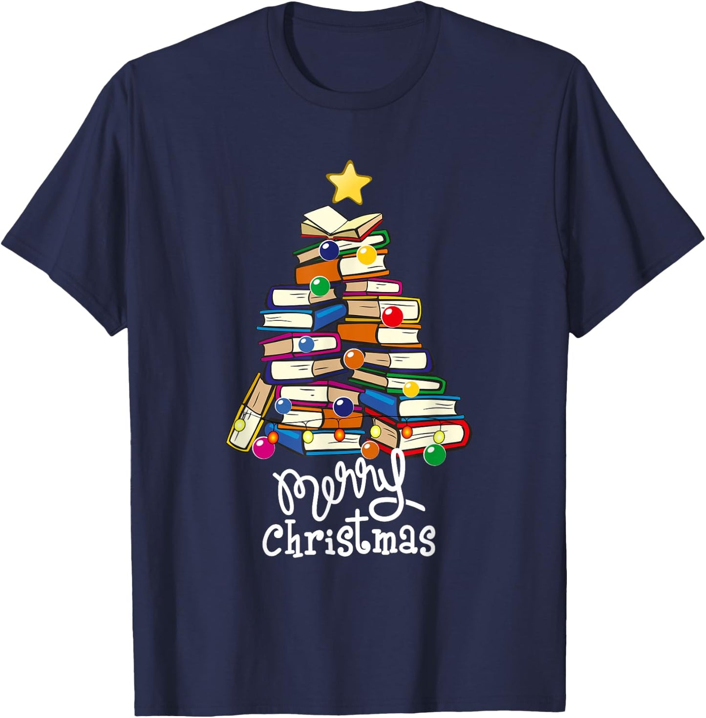 Merry Christmas Tree Love Reading Books Librarian Nerd T-Shirt - T-Shirt | Navy