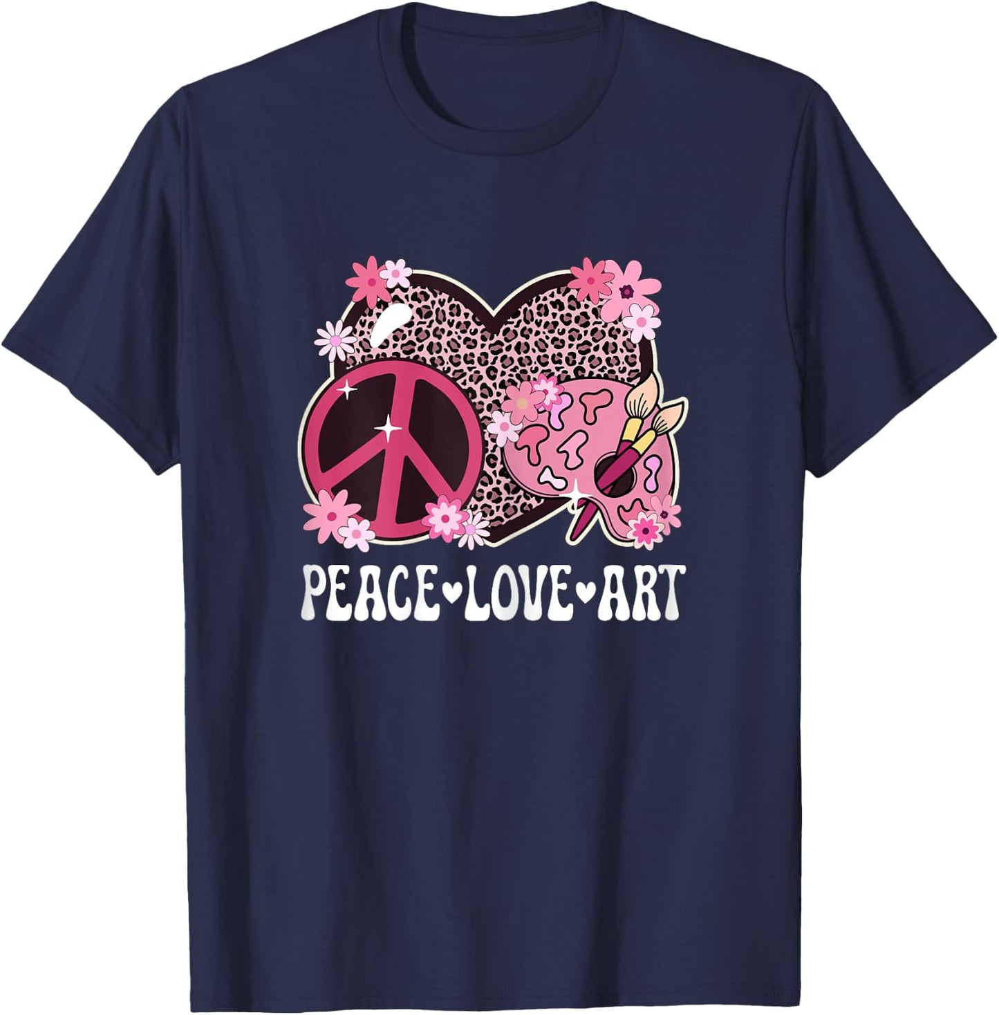 Peace Love Art Lover Artist Leopard Print Women Art Teacher T-Shirt - T-Shirt | Navy