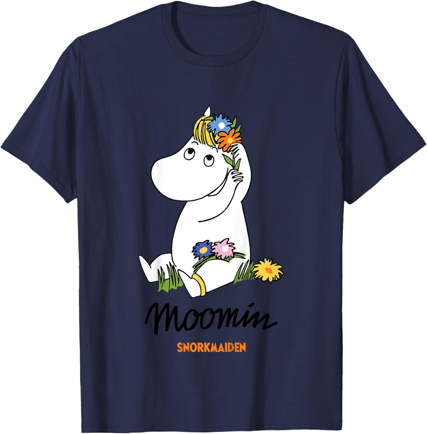 Children's with Moomin Snorkmaiden Flowers in Hair, White T-Shirt - T-Shirt | Navy