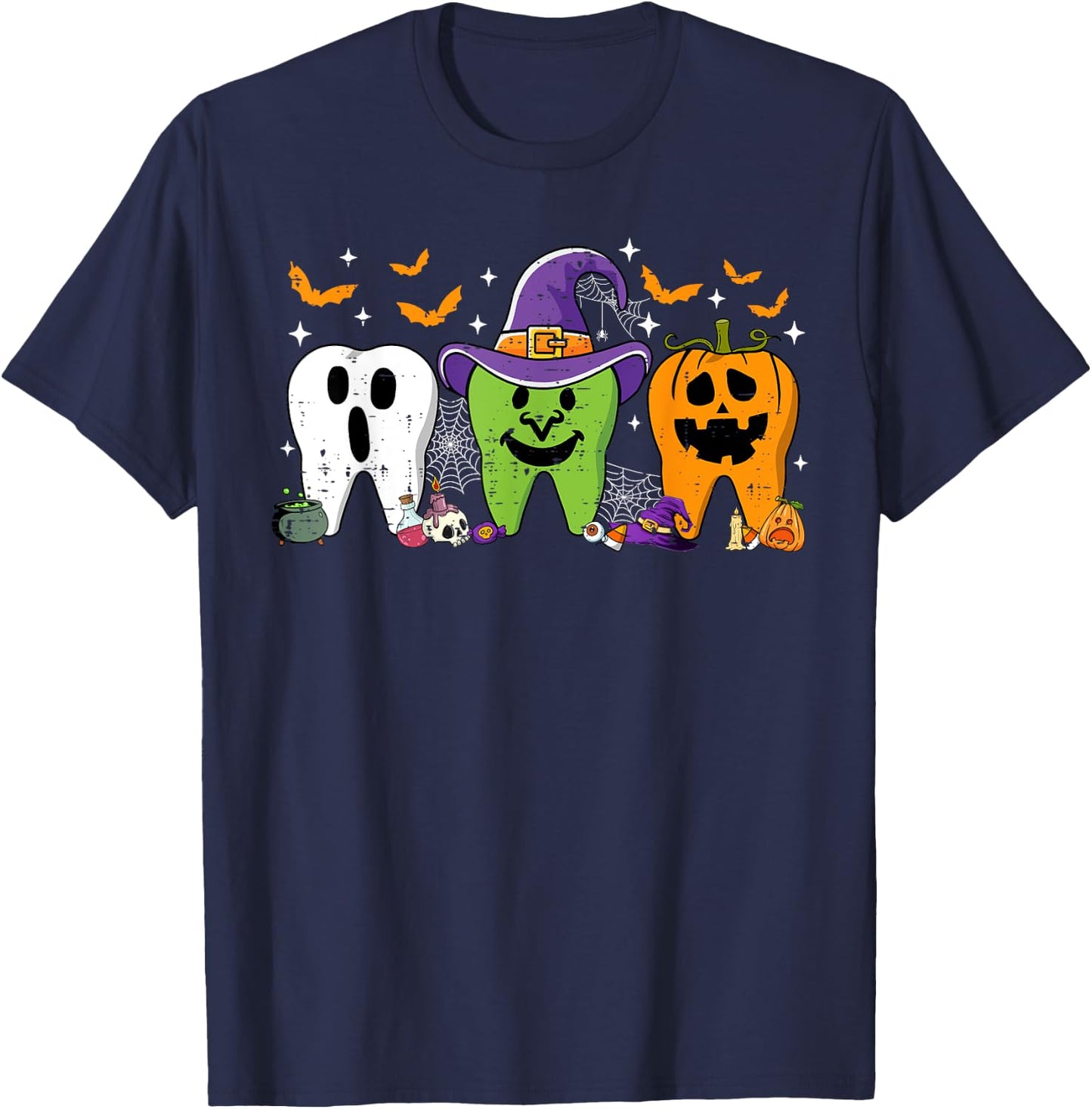 Cute Dental Halloween Dentist Teeth Ghost Pumpkin Witch T-Shirt - T-Shirt | Navy