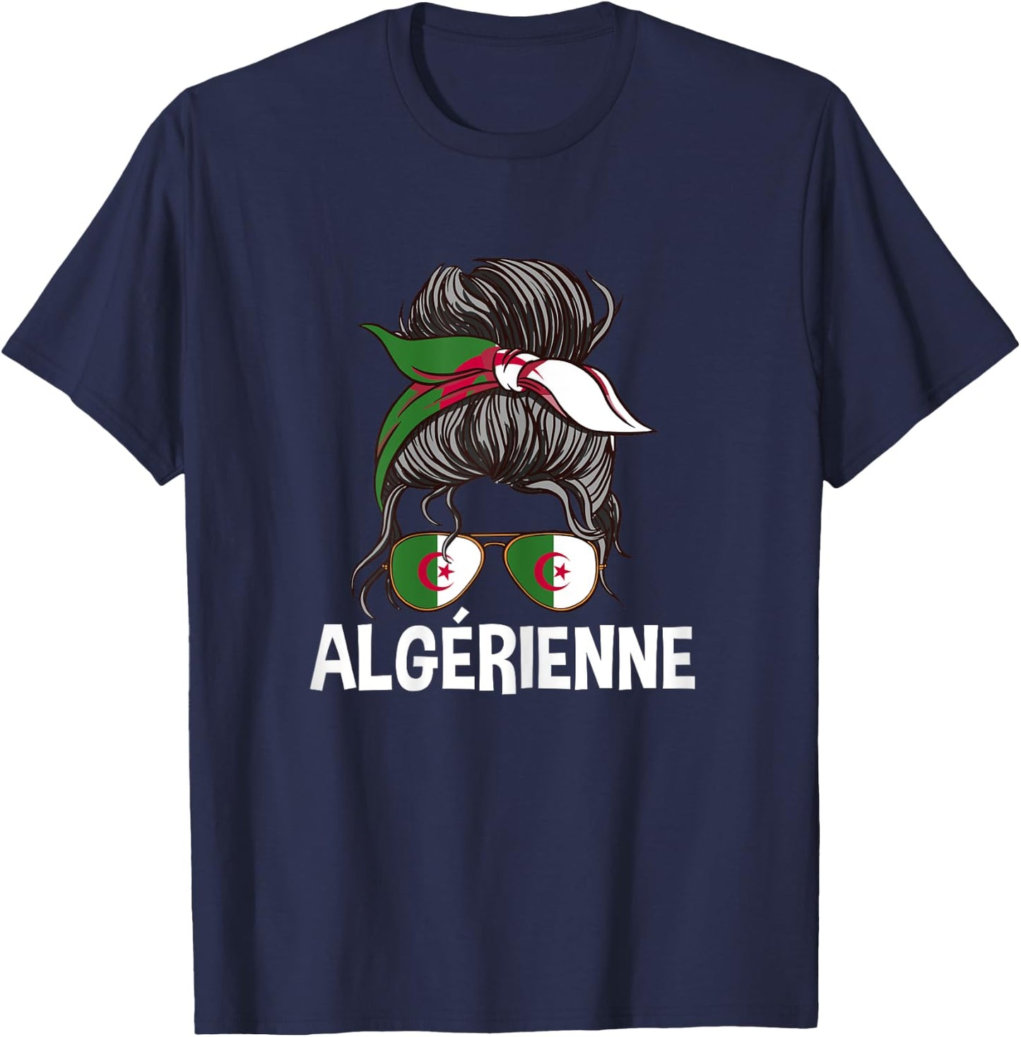 Algerienne Proud Algeria Girl Messy Hair Flag Algeria Woman , Black, Female X-Small T-Shirt - T-Shirt | Navy