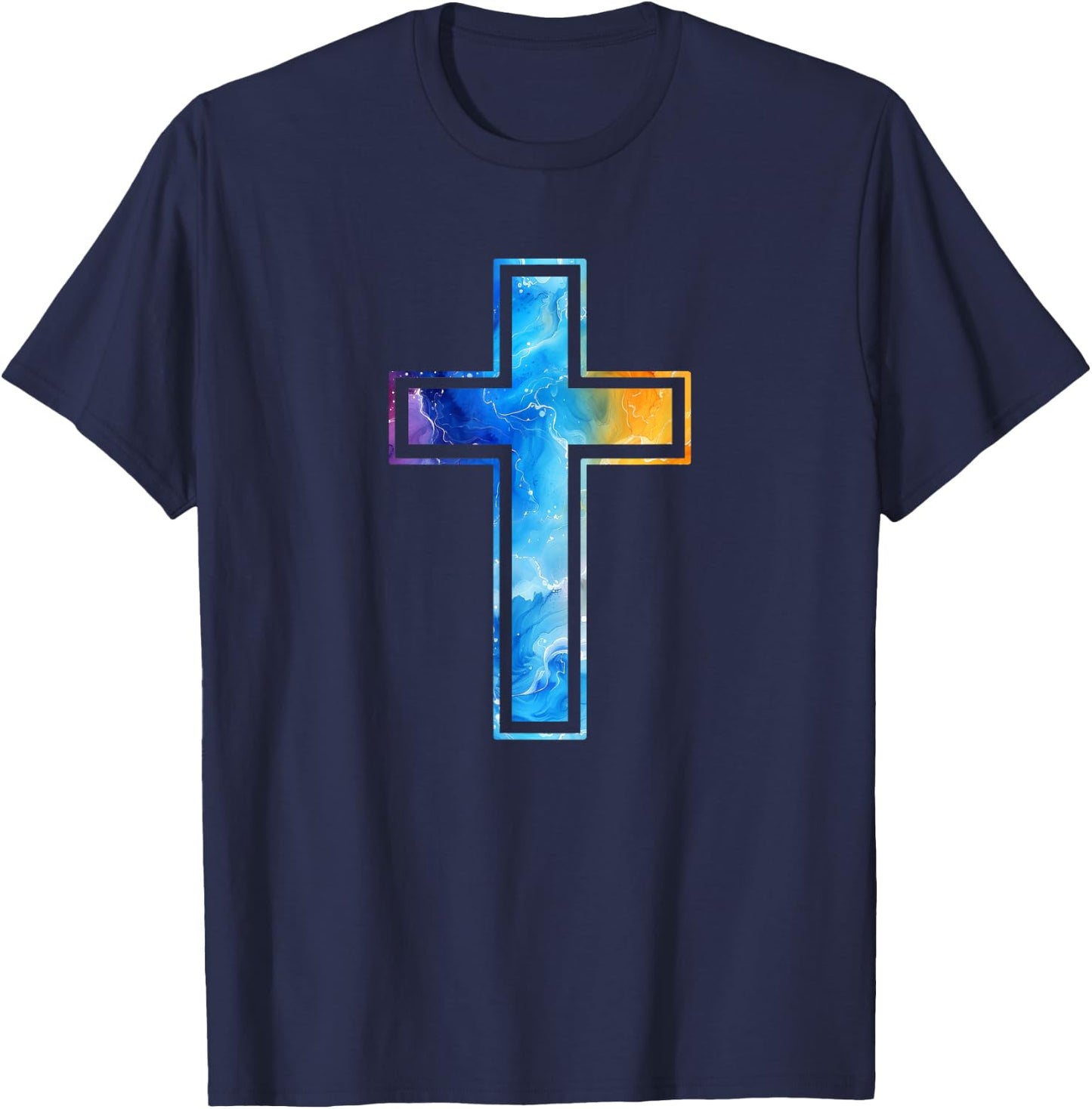Silhouette Religious Faith Watercolor Cross Christian , Black, S T-Shirt - T-Shirt | Navy